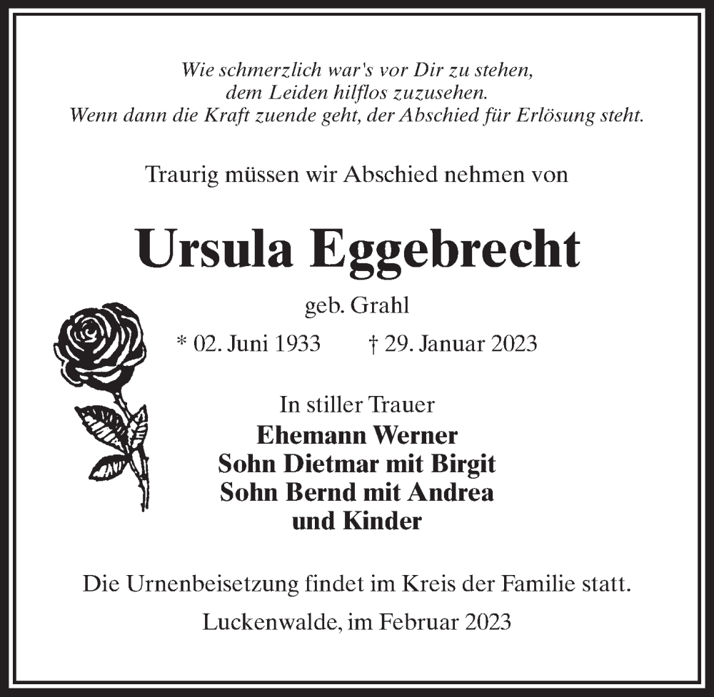  Traueranzeige für Ursula Eggebrecht vom 04.02.2023 aus Märkischen Allgemeine Zeitung
