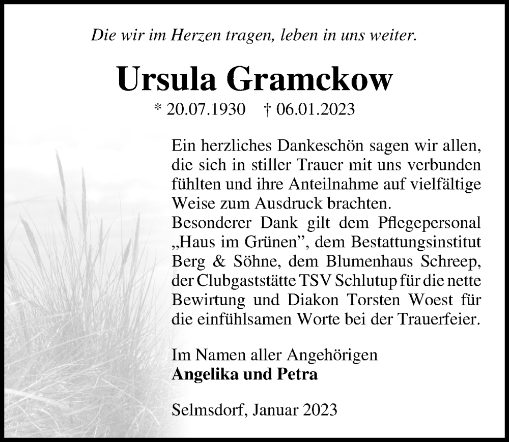  Traueranzeige für Ursula Gramckow vom 09.02.2023 aus Ostsee-Zeitung GmbH