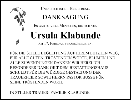 Traueranzeige von Ursula Klabunde von Ostsee-Zeitung GmbH