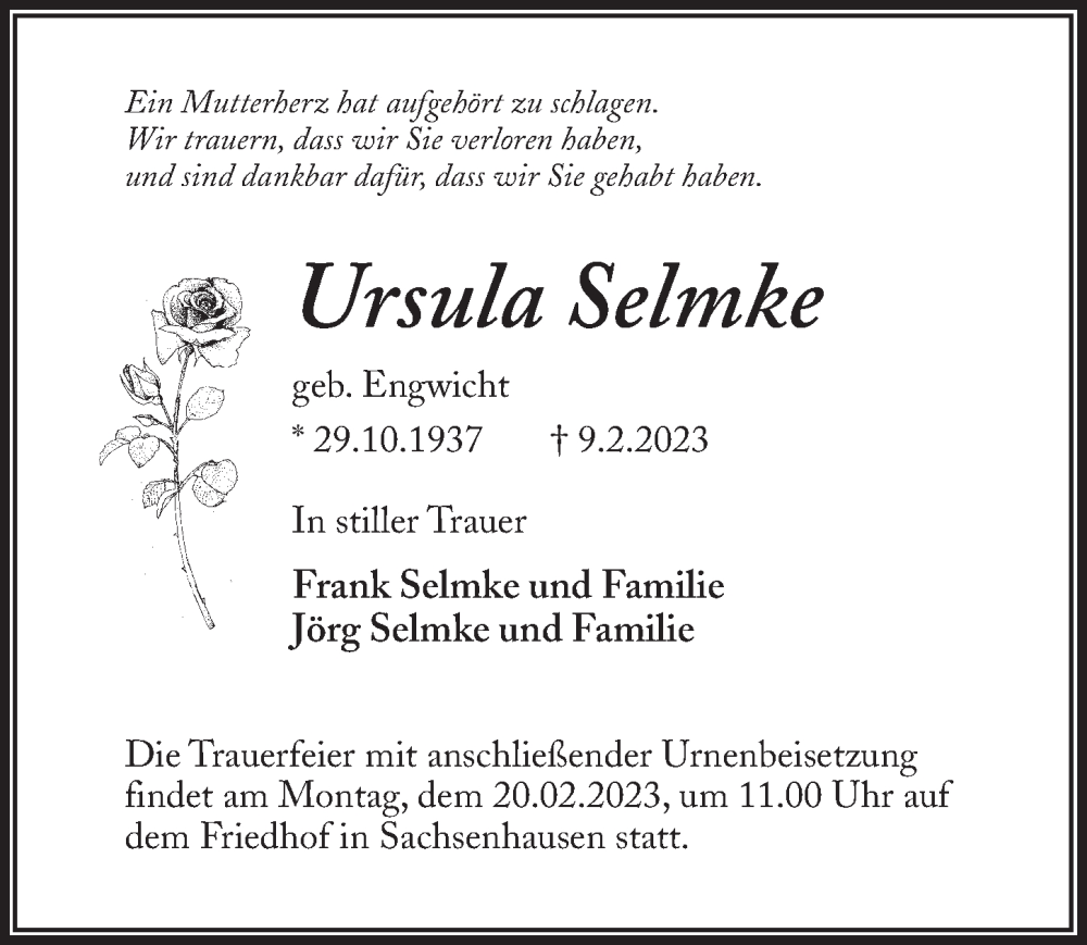  Traueranzeige für Ursula Selmke vom 16.02.2023 aus Märkischen Allgemeine Zeitung
