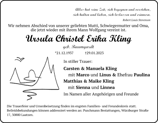 Traueranzeige von Ursula Christel Erika Kling von Hannoversche Allgemeine Zeitung/Neue Presse