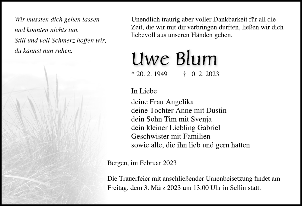  Traueranzeige für Uwe Blum vom 18.02.2023 aus Ostsee-Zeitung GmbH