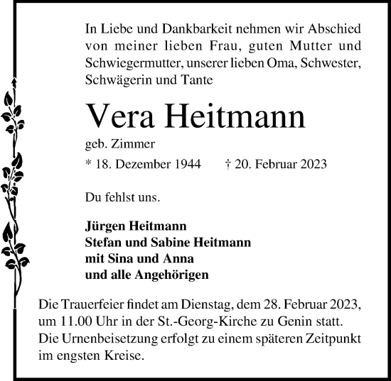 Traueranzeige von Vera Heitmann von Lübecker Nachrichten