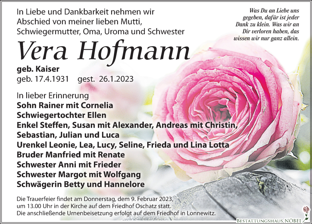  Traueranzeige für Vera Hofmann vom 04.02.2023 aus Leipziger Volkszeitung