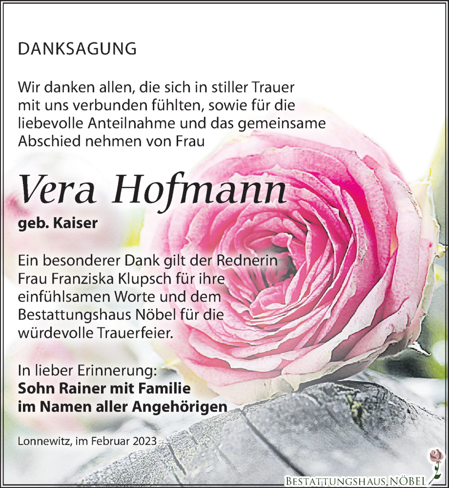  Traueranzeige für Vera Hofmann vom 18.02.2023 aus Leipziger Volkszeitung