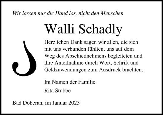 Traueranzeige von Walli Schadly von Ostsee-Zeitung GmbH