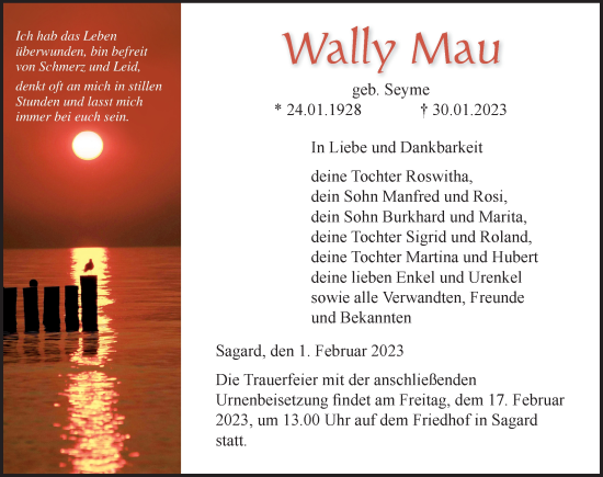Traueranzeige von Wally Mau von Ostsee-Zeitung GmbH