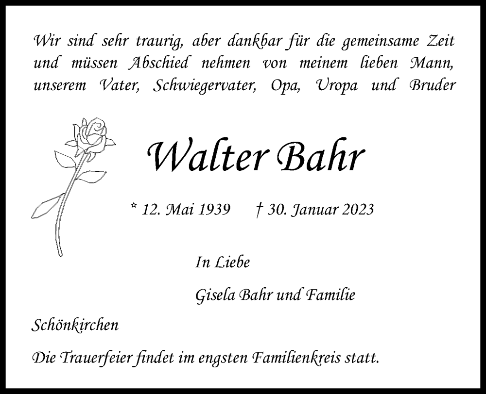  Traueranzeige für Walter Bahr vom 04.02.2023 aus Kieler Nachrichten