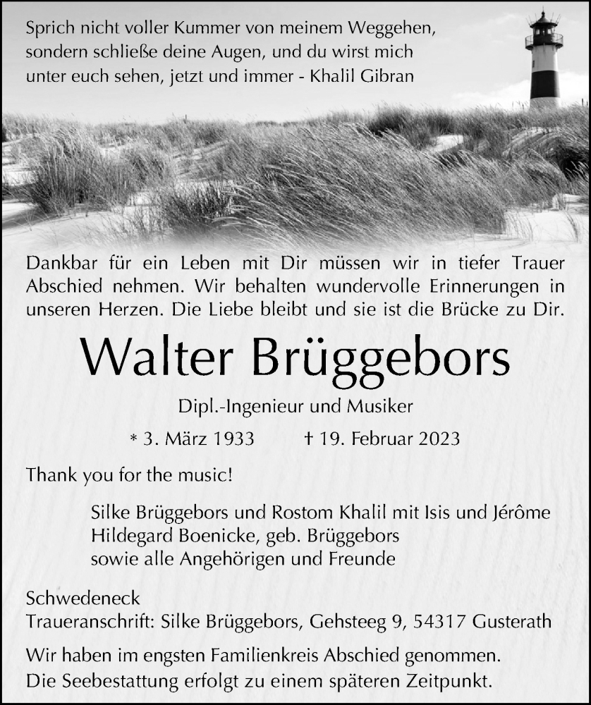  Traueranzeige für Walter Brüggebors vom 25.02.2023 aus Kieler Nachrichten