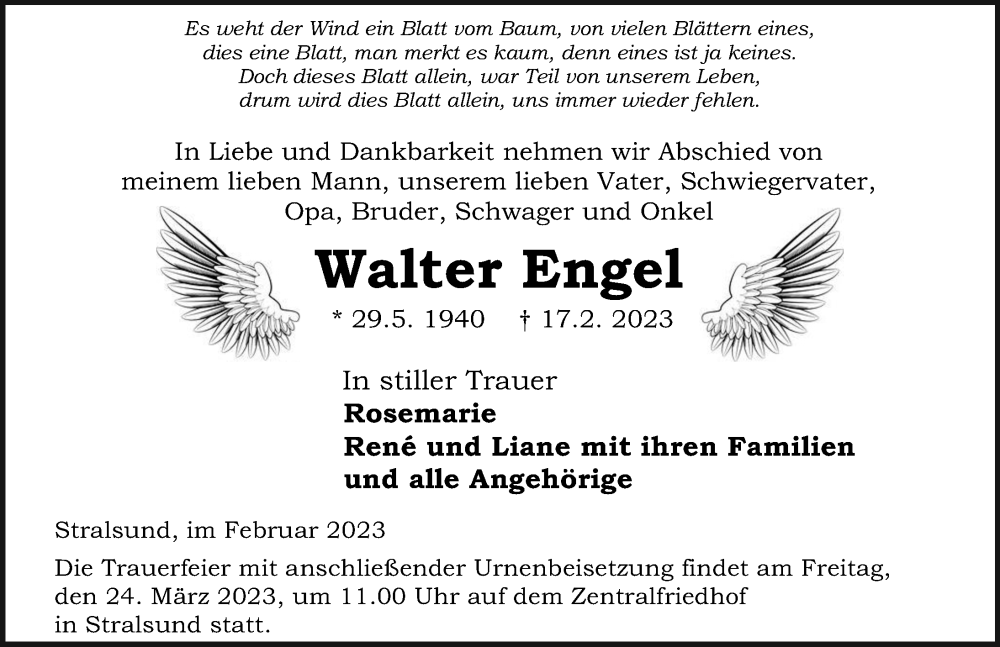  Traueranzeige für Walter Engel vom 25.02.2023 aus Ostsee-Zeitung GmbH