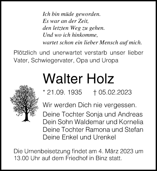 Traueranzeige von Walter Holz von Ostsee-Zeitung GmbH