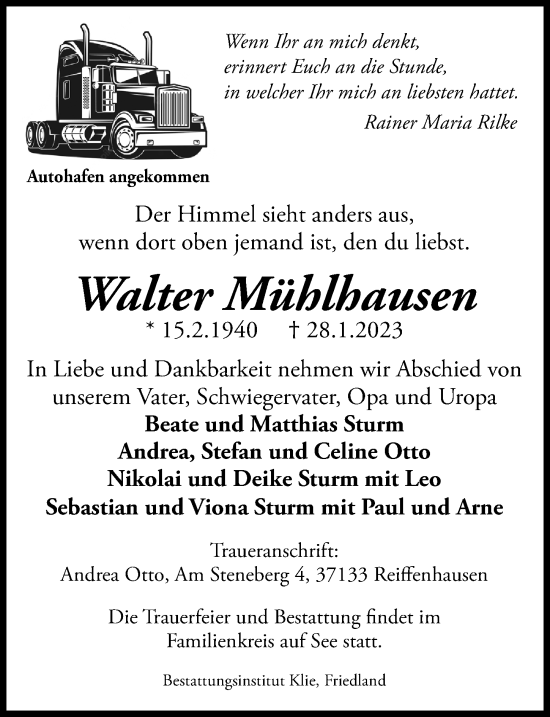 Traueranzeige von Walter Mühlhausen von Göttinger Tageblatt