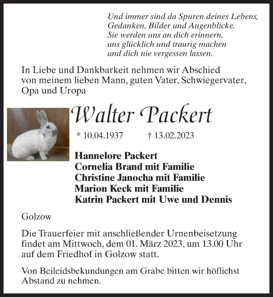 Traueranzeige von Walter Packert von Märkischen Allgemeine Zeitung