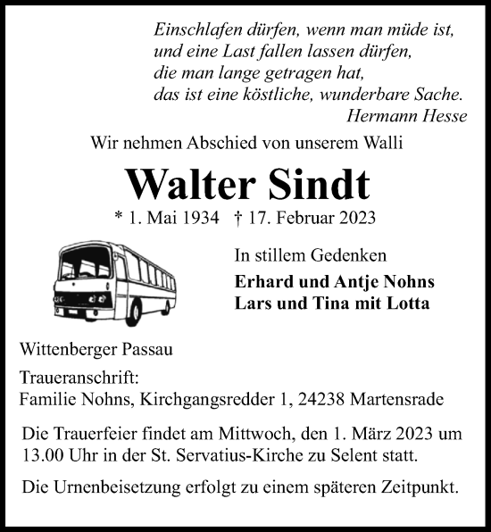 Traueranzeige von Walter Sindt von Kieler Nachrichten