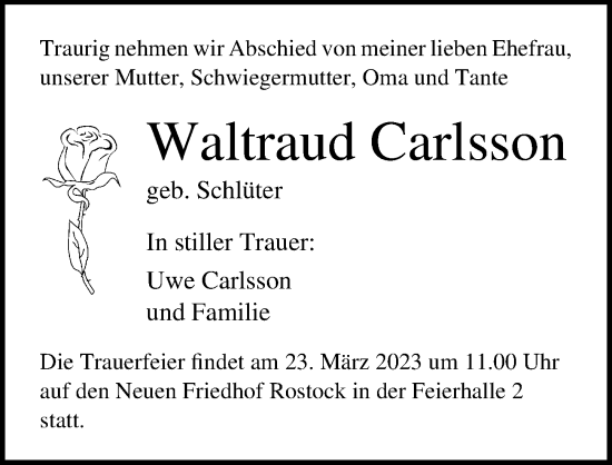 Traueranzeige von Waltraud Carlsson von Ostsee-Zeitung GmbH