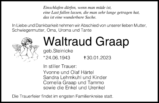 Traueranzeige von Waltraud Graap von Ostsee-Zeitung GmbH