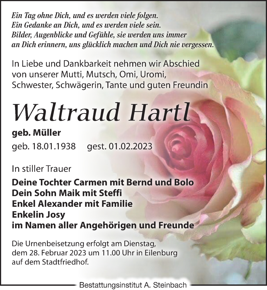  Traueranzeige für Waltraud Hartl vom 04.02.2023 aus Leipziger Volkszeitung