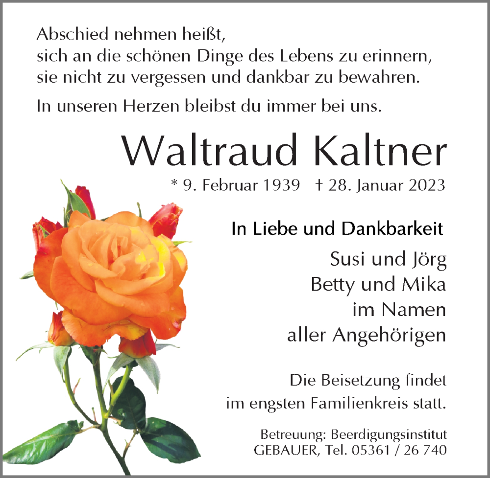  Traueranzeige für Waltraud Kaltner vom 04.02.2023 aus Aller Zeitung