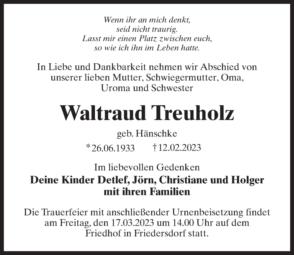  Traueranzeige für Waltraud Treuholz vom 25.02.2023 aus Märkischen Allgemeine Zeitung