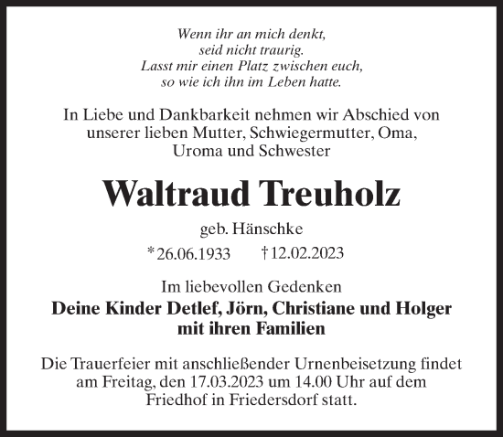 Traueranzeige von Waltraud Treuholz von Märkischen Allgemeine Zeitung