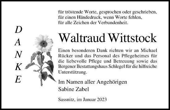 Traueranzeige von Waltraud Wittstock von Ostsee-Zeitung GmbH