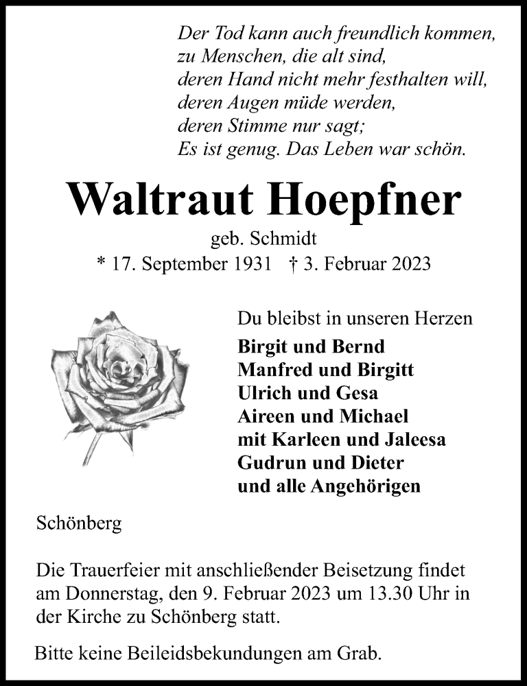  Traueranzeige für Waltraut Hoepfner vom 07.02.2023 aus Kieler Nachrichten