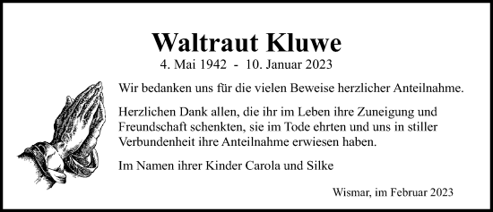 Traueranzeige von Waltraut Kluwe von Ostsee-Zeitung GmbH