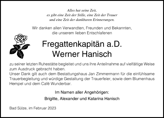 Traueranzeige von Werner Hanisch von Ostsee-Zeitung GmbH