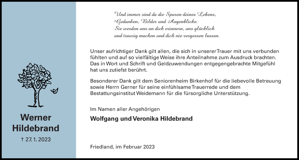 Traueranzeige für Werner Hildebrand vom 25.02.2023 aus Göttinger Tageblatt