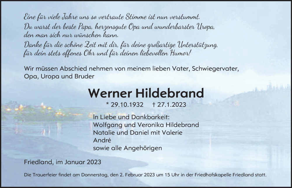  Traueranzeige für Werner Hildebrand vom 01.02.2023 aus Göttinger Tageblatt