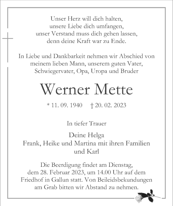 Traueranzeige von Werner Mette von Märkischen Allgemeine Zeitung