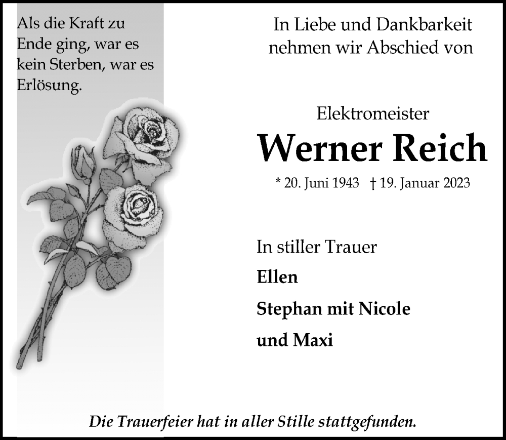  Traueranzeige für Werner Reich vom 05.02.2023 aus Lübecker Nachrichten