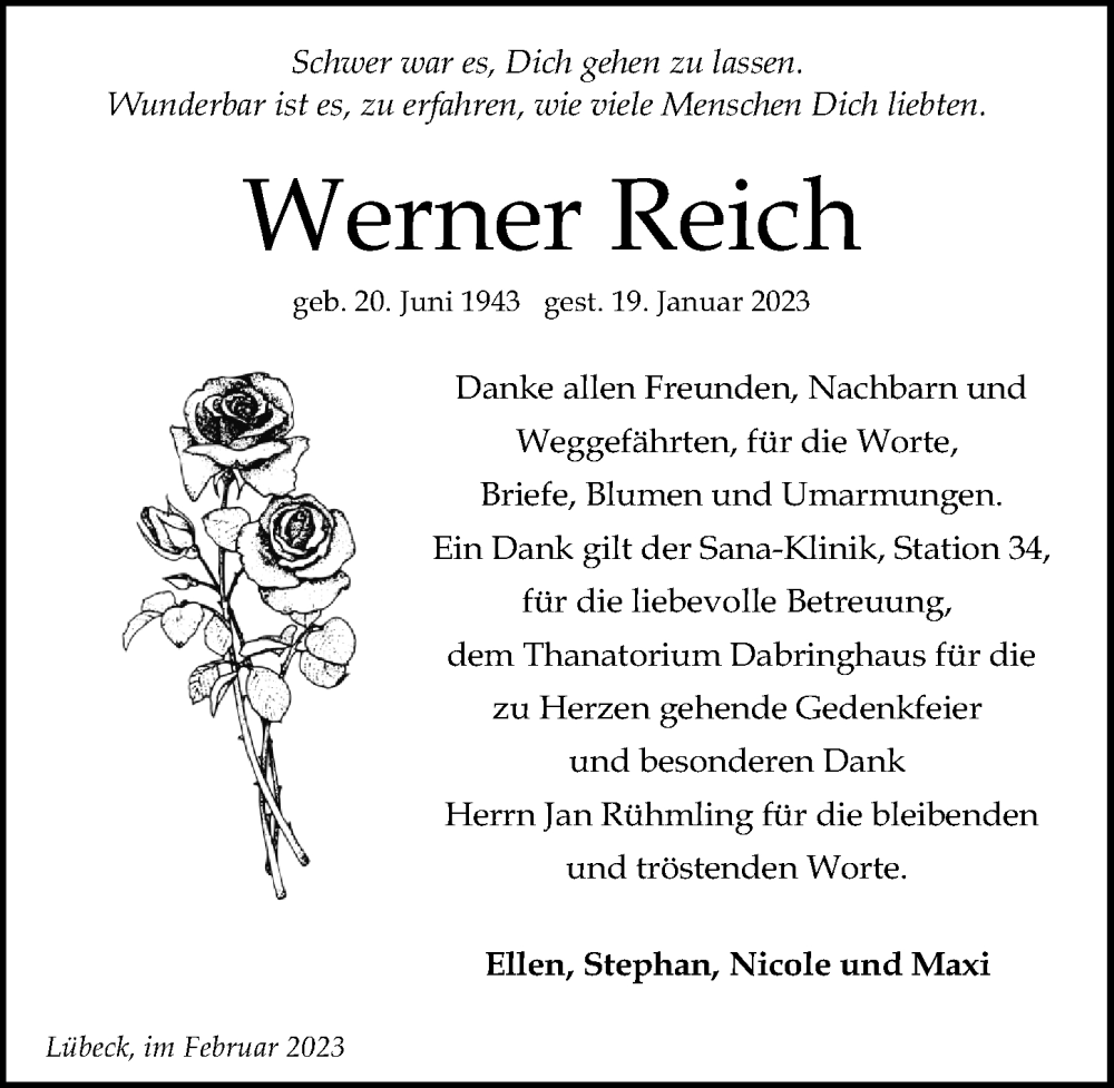  Traueranzeige für Werner Reich vom 19.02.2023 aus Lübecker Nachrichten