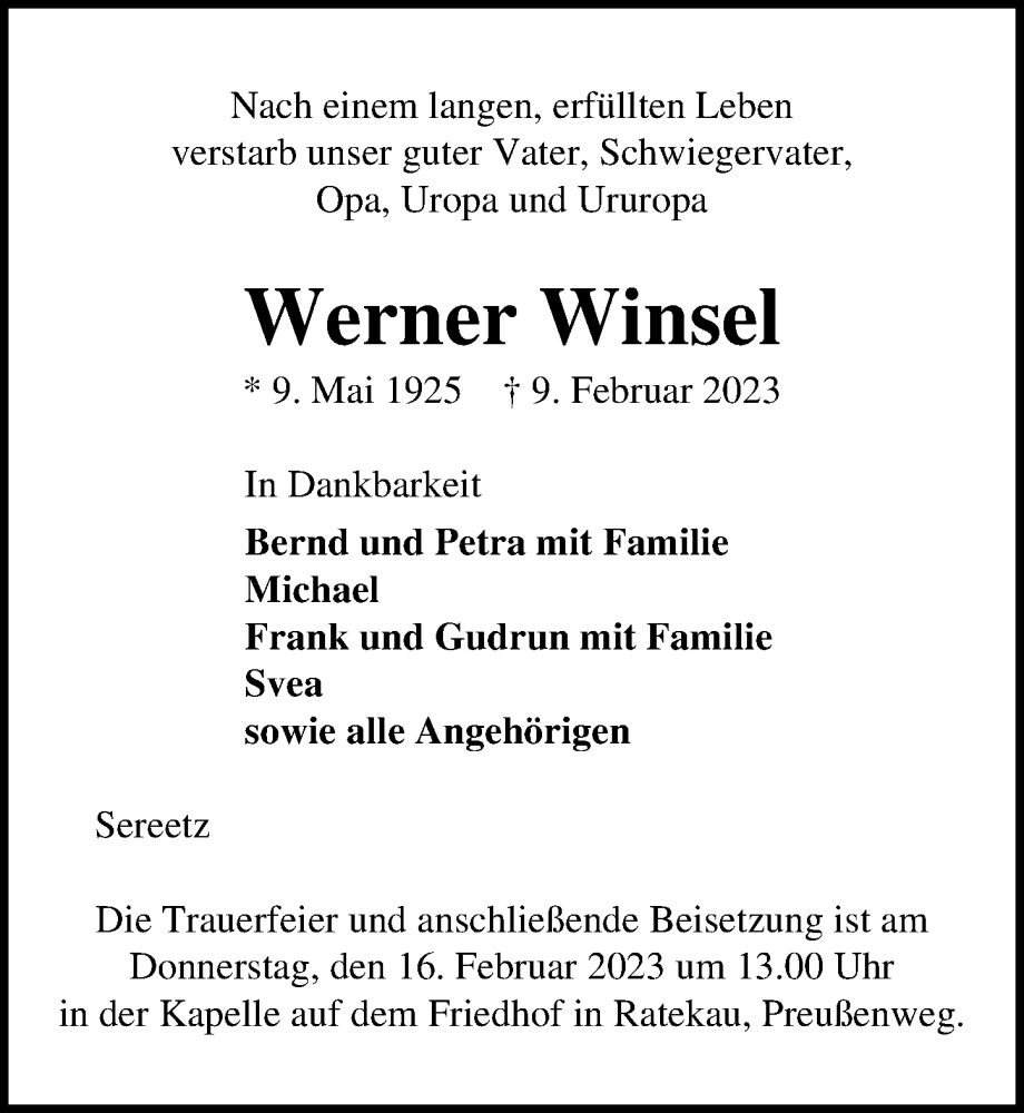  Traueranzeige für Werner Winsel vom 12.02.2023 aus Lübecker Nachrichten
