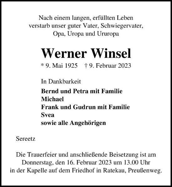 Traueranzeige von Werner Winsel von Lübecker Nachrichten