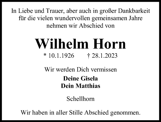 Traueranzeige von Wilhelm Horn von Kieler Nachrichten
