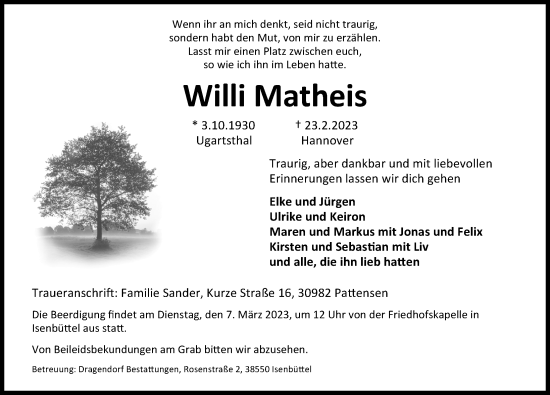 Traueranzeige von Willi Matheis von Aller Zeitung
