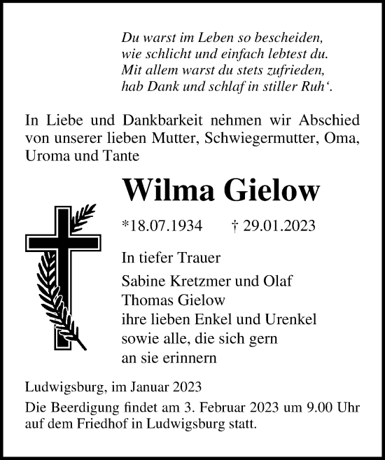 Traueranzeige von Wilma Gielow von Ostsee-Zeitung GmbH