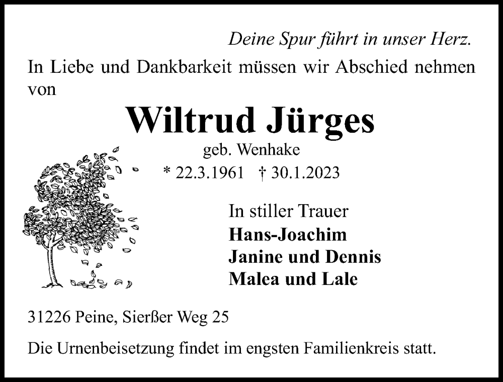  Traueranzeige für Wiltrud Jürges vom 04.02.2023 aus Peiner Allgemeine Zeitung