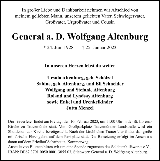 Traueranzeige von Wolfgang Altenburg von Lübecker Nachrichten
