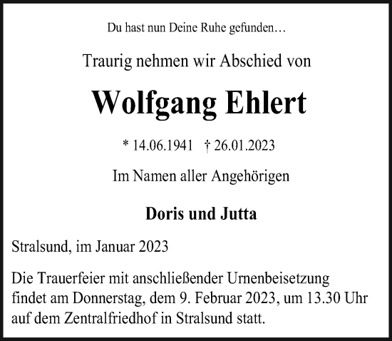 Traueranzeige von Wolfgang Ehlert von Ostsee-Zeitung GmbH