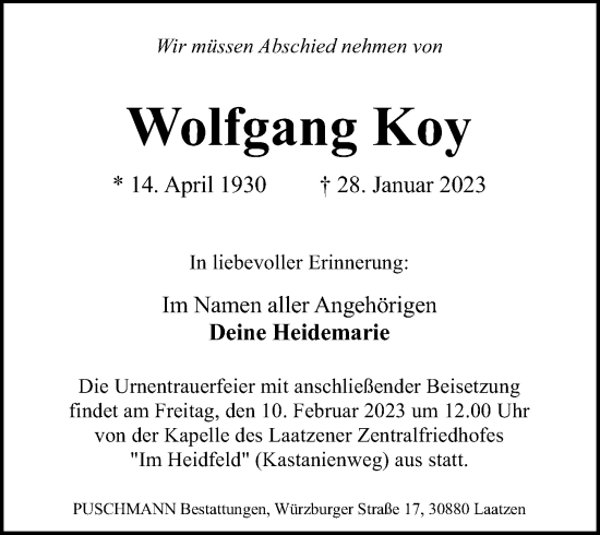 Traueranzeige von Wolfgang Koy von Hannoversche Allgemeine Zeitung/Neue Presse