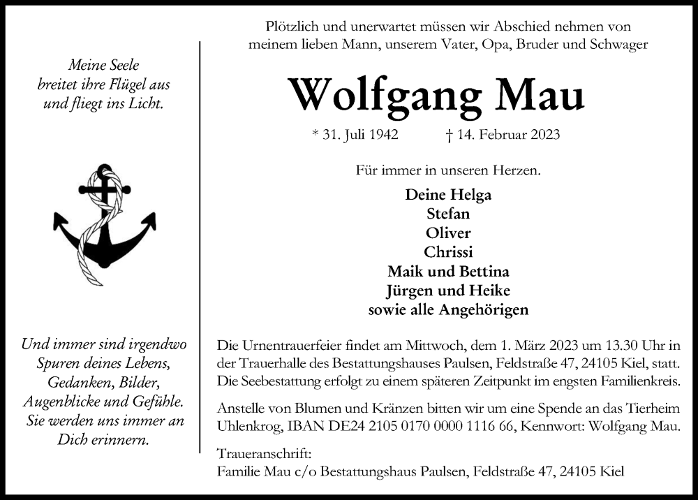  Traueranzeige für Wolfgang Mau vom 25.02.2023 aus Kieler Nachrichten