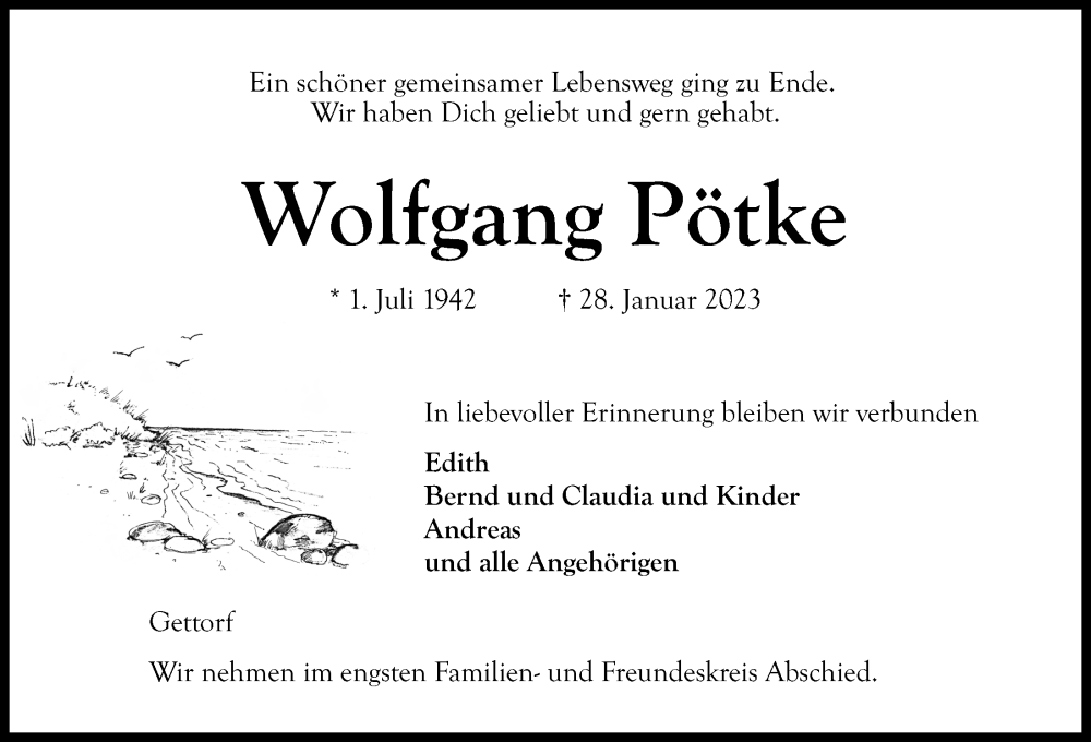  Traueranzeige für Wolfgang Pötke vom 04.02.2023 aus Kieler Nachrichten