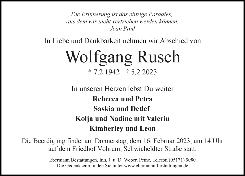  Traueranzeige für Wolfgang Rusch vom 11.02.2023 aus Peiner Allgemeine Zeitung