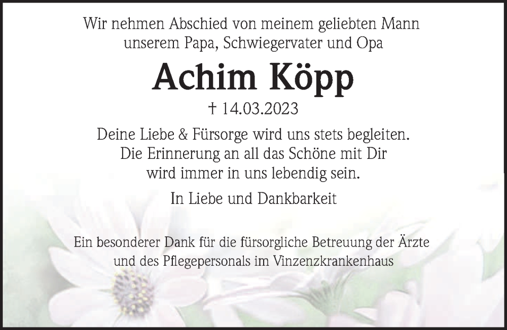  Traueranzeige für Achim Köpp vom 18.03.2023 aus Hannoversche Allgemeine Zeitung/Neue Presse