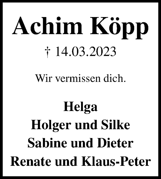 Traueranzeige von Achim Köpp von Hannoversche Allgemeine Zeitung/Neue Presse