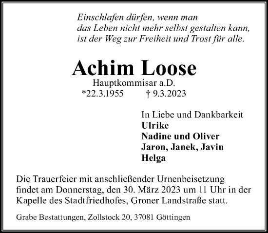 Traueranzeige von Achim Loose von Göttinger Tageblatt