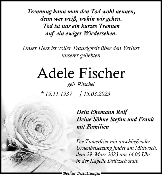 Traueranzeige von Adele Fischer von Leipziger Volkszeitung