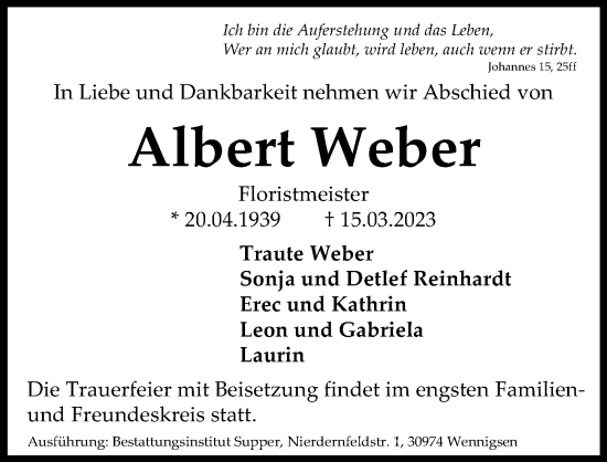 Traueranzeige von Albert Weber von Hannoversche Allgemeine Zeitung/Neue Presse
